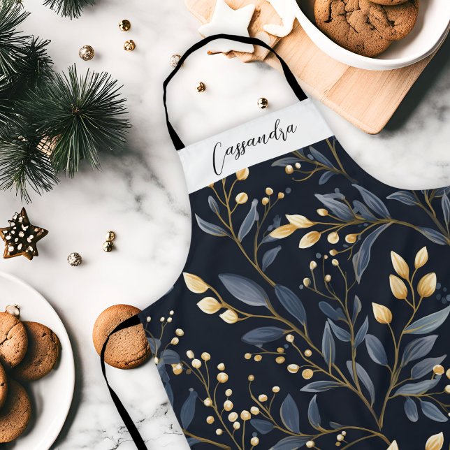 Tablier Feuille de Noël bleu et or moderne (Blue and Gold Christmas Leaf Apron)