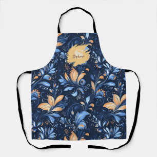 Tablier Feuilles Abstraits de marguerite bleu et or (3)
