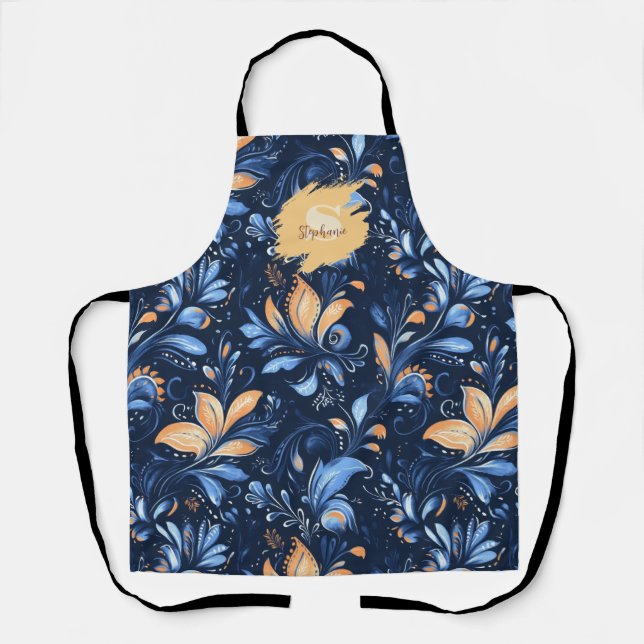 Tablier Feuilles Abstraits de marguerite bleu et or (3) (Recto)