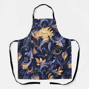Tablier Feuilles Abstraits Paisley bleu et or