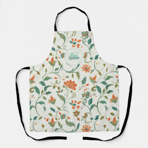 Tablier Feuilles bleu vintage et motifs floraux orange