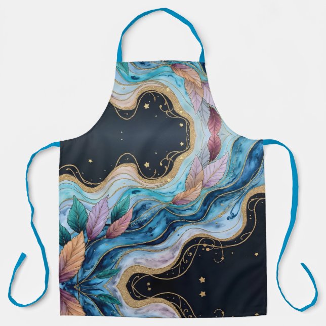 Tablier Feuilles colorés d'aquarelle sur bleu (Recto)
