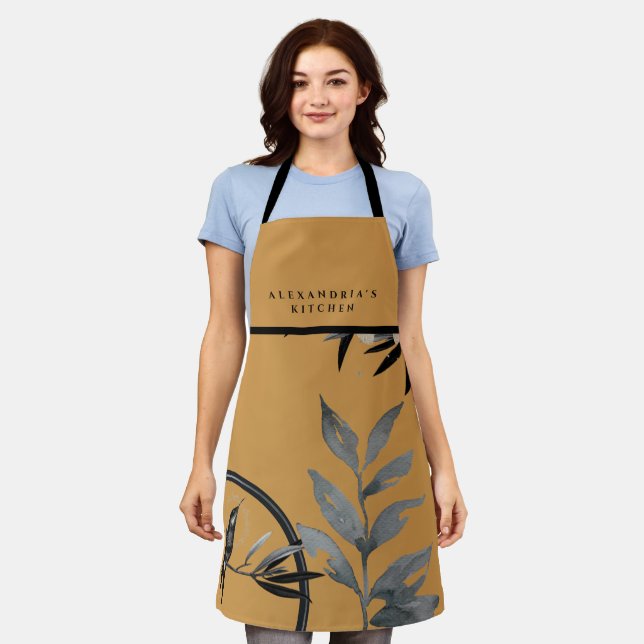 Tablier Feuilles d'aquarelle à la moutarde + Cuisine Votre (Porté)