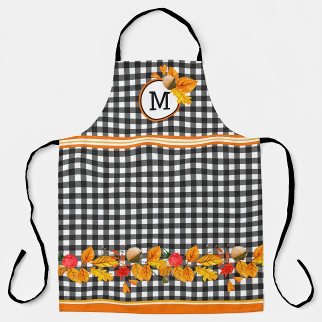 Tablier Feuilles d'automne sur un monogramme en vichy noir (Recto)