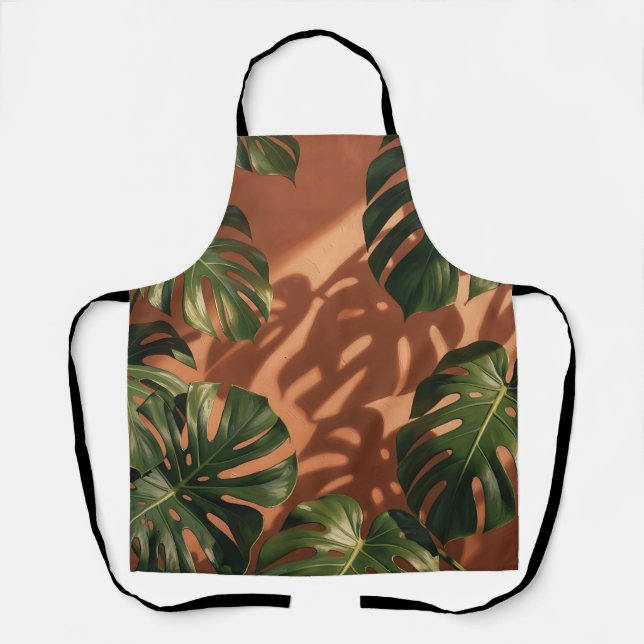 Tablier Feuilles de Monstera vertes Ombre de terre cuite  (Recto)