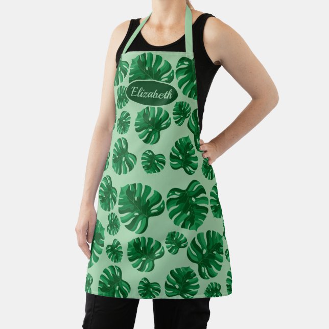 Tablier Feuilles de palmier Monstera vert tropical & nom p (Insitu)