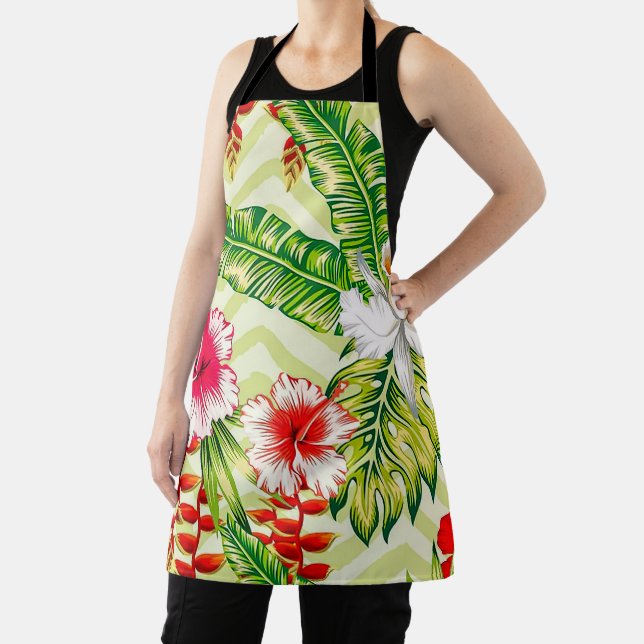 Tablier Feuilles Tropicales Élégantes et Fleurs d'Hibiscus (Insitu)