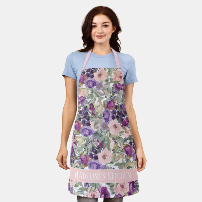 Tablier Feuilles vert sauge Fleurs rose violet Cuisine (Porté)