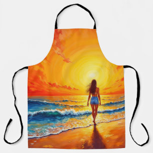 Tablier Fille coucher de soleil promenade décor des vagues
