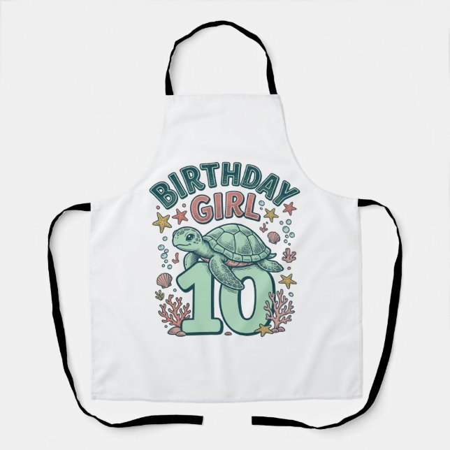 Tablier Fille d'anniversaire 10 Tortue de mer Gravure vint (Recto)