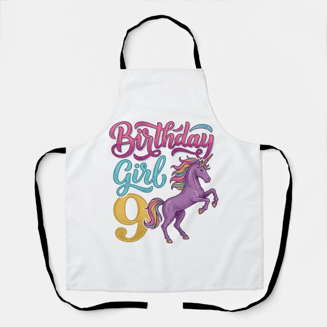 Tablier Fille d'anniversaire 9 Licorne Dessin de gravure v (Recto)