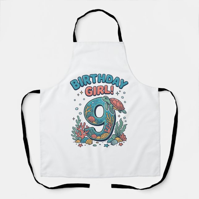 Tablier Fille d'anniversaire 9 Tortue de mer Conception ve (Recto)