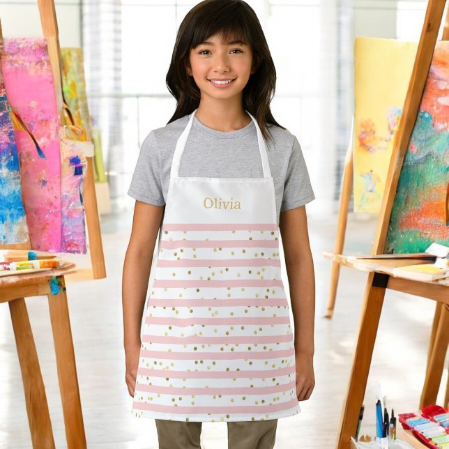 Tablier Fille en bandes et points roses avec nom ou monogr (Personalize this smock/apron with your name.)