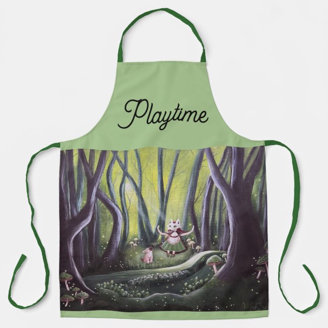 Tablier Fille et louveteau, illustration fantaisiste  (Recto)