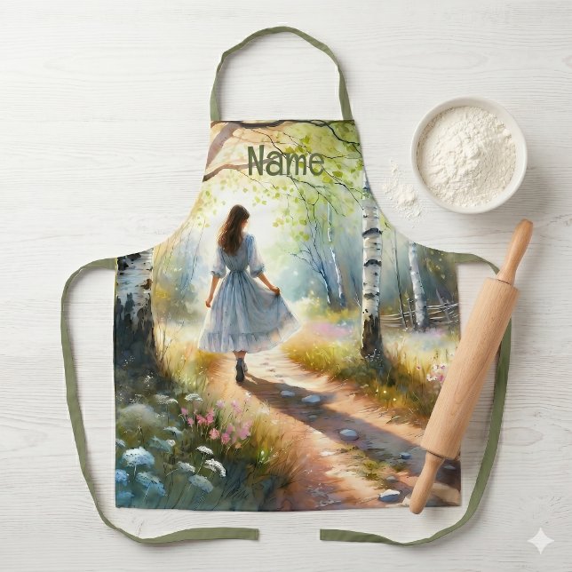 Tablier Fille Fantaisiste Dansant à Travers une Forêt de B (Whimsical Girl Dancing Through Birch Forest Apron)