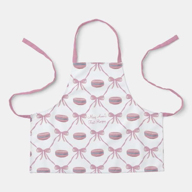 Tablier Fille Macarons roses personnalisés Ruban Coquette  (Recto)