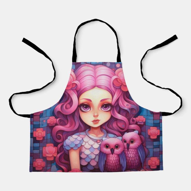 Tablier Fille rose avec deux hiboux (Recto)