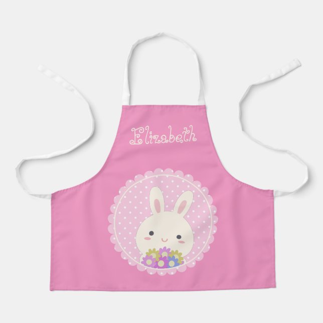 Tablier Fille rose mignonne Kawaii Bunny & Fleurs Nom Pers (Recto)