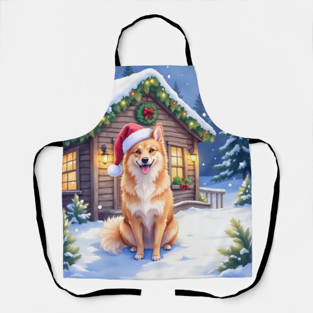 Tablier Finnish Spitz Snowy Cabin Santa Hat Christmas Art (Recto)
