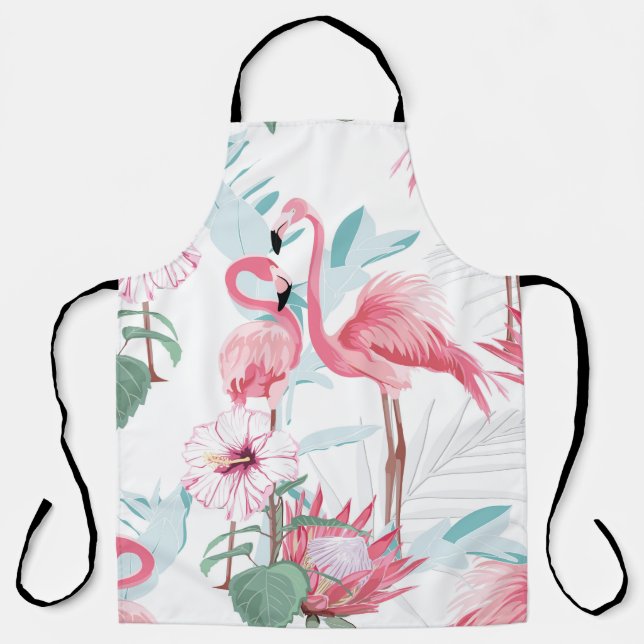 Tablier flamant rose et fleurs exotiques, feuilles de palm (Recto)