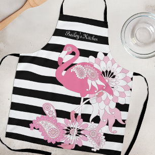 Tablier Flamant Rose Fantaisiste Rayé Noir et Blanc