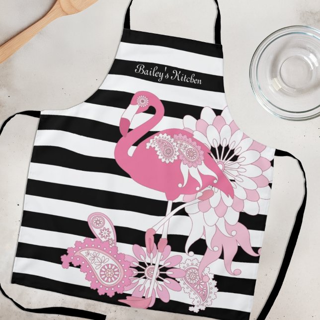 Tablier Flamant Rose Fantaisiste Rayé Noir et Blanc (Créateur téléchargé)