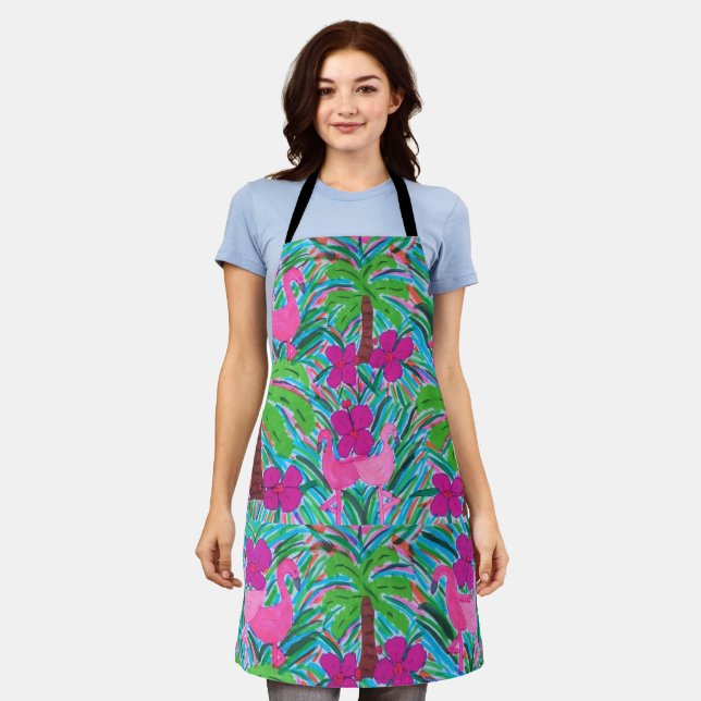 Tablier Flamants roses et palmiers (Porté)