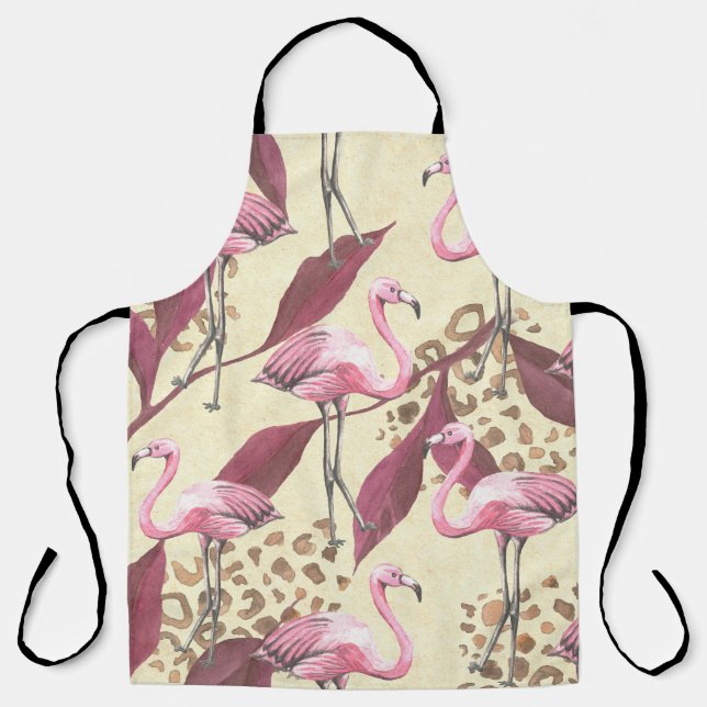 Tablier Flamingo rose tropical, motif léopard. (Recto)