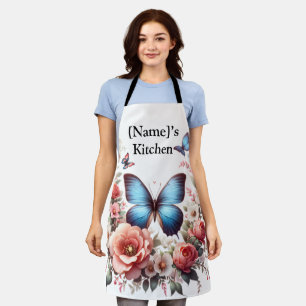 Tablier Flasque Art floral papillon bleu personnalisable-9