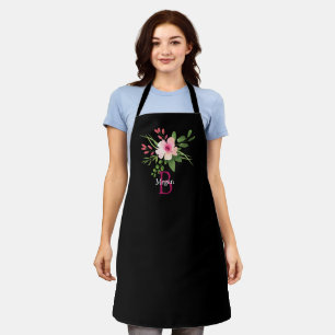 Tablier Fleur aquarelle, nom et monogramme sur fond noir
