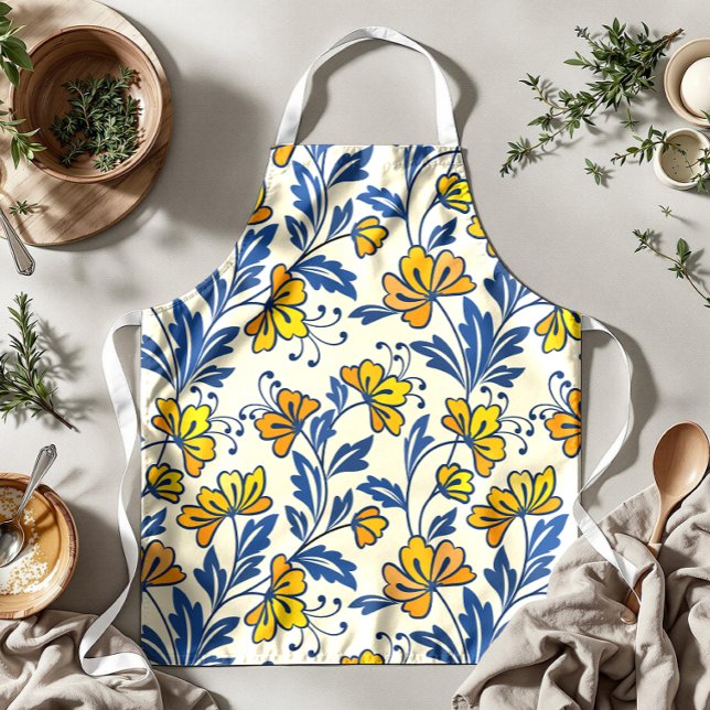 Tablier Fleur Bleue Feuillue de Style Folk Orange Jaune Vi (Créateur téléchargé)