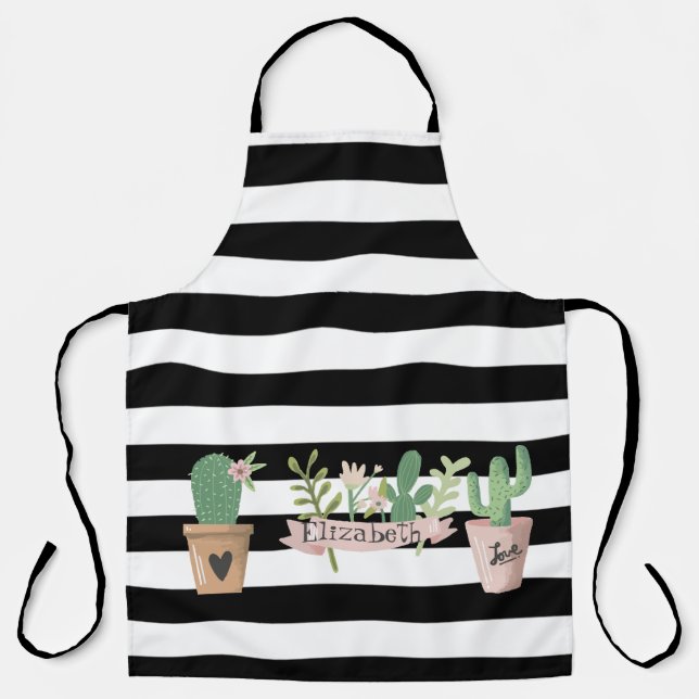 Tablier Fleur de Cactus Rayures Noires et Blanches (Recto)