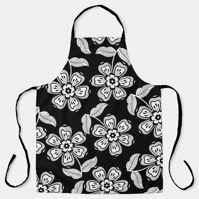 Tablier Fleur de doodle noir et blanc motif noir, abstrait (Recto)