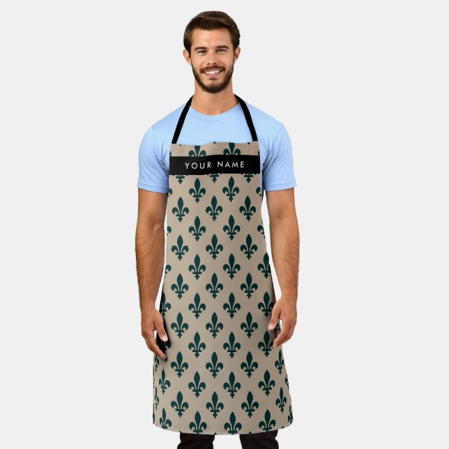 Tablier Fleur de Lis, Vert sur Beige, Royal, Votre Nom (Porté)
