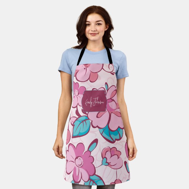 Tablier Fleur de motif floral rose pâle nom personnalisé (Porté)