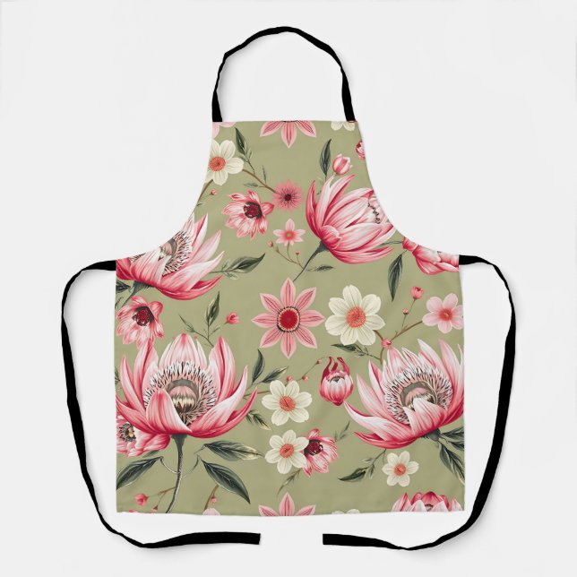 Tablier Fleur de Protéa Exotique Botanique Vert Sauge Luxe (Recto)