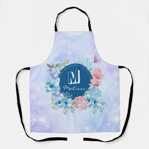Tablier Fleur floral aquarelle bleu violet moderne étincel