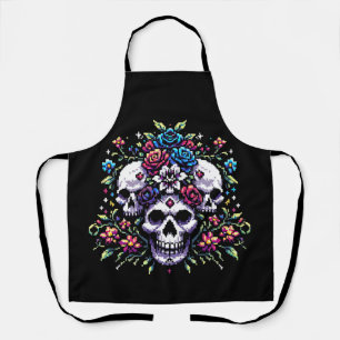Tablier Fleur gothique - Mystique floral crâne Pixel Art