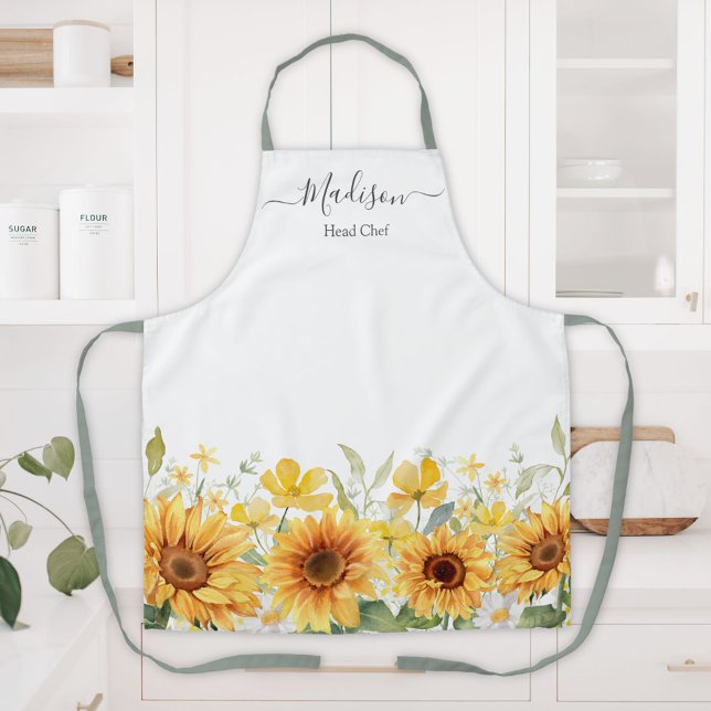 Tablier Fleur jaune de tournesol floral botanique monogram (In situ)