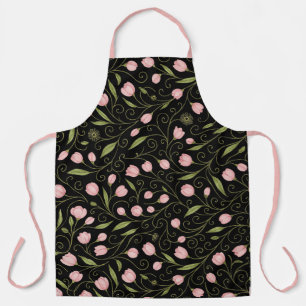 Tablier Fleur mignonne, rose sur noir avec motif répétitif