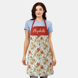 Tablier Fleur personnalisée aquarelle rouge Nom personnali