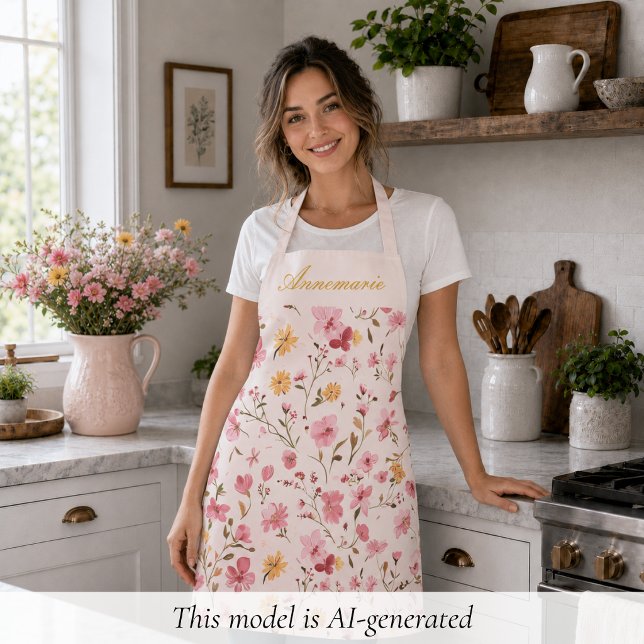 Tablier Fleur rose (sweet girly elegant pink floral wildflower apron with custom monogram name in script calligraphy)