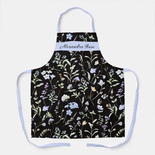 Tablier Fleur sauvage aquarelle bleu lavande Nom personnal (Recto)