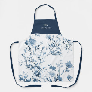 Tablier Fleur Sauvage Aquarelle Bleue Monogramme Élégant N