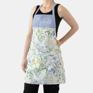 Tablier Fleur sauvage aquarelle bleue nom personnalisé