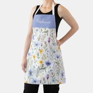Tablier Fleur Sauvage Aquarelle Bleue Violette Élégante 