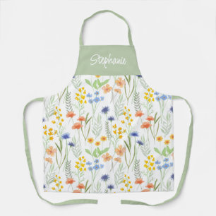 Tablier Fleur sauvage aquarelle jaune vert Nom personnalis