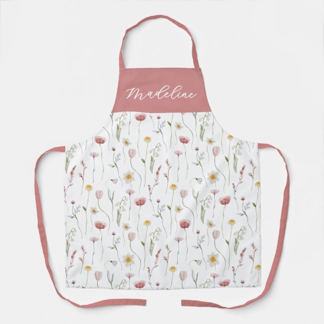 Tablier Fleur sauvage aquarelle rose poussiéreuse nom pers (Recto)