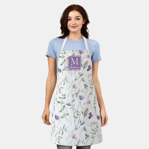 Tablier Fleur sauvage aquarelle rose violet Nom personnali