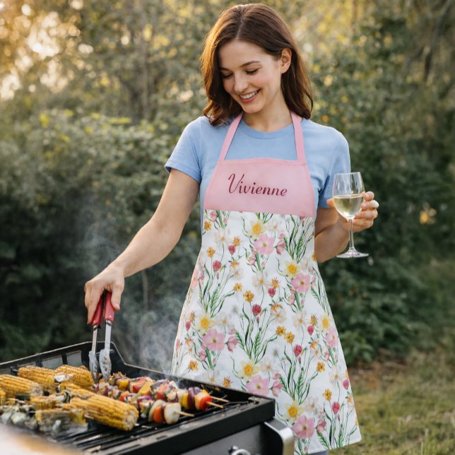 Tablier Fleur sauvage aquarelle verte rose Nom personnalis (Pink Green Watercolor Wildflower Custom Name Apron)